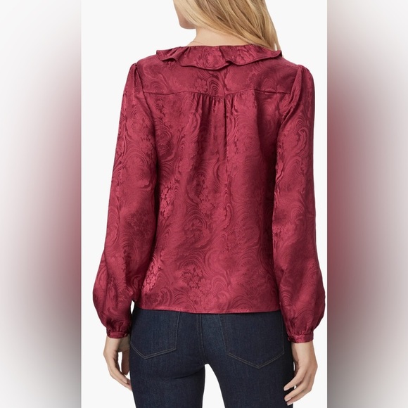 Paige $299 Ilara Jacquard 100% Silk Top Ruffle V-Neck Long Sleeve In Berry Jam - Picture 4 of 11